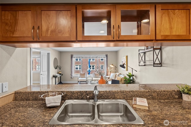 kitchen featuring glass insert cabinets, brown cabinetry, and a sink