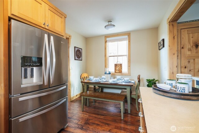 540 Porcupine Ln, Chelan, WA 98816 - kitchen featuring light countertops, light brown cabinets, baseboards, stainless steel fridge, and dark wood-style flooring