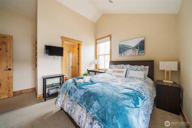 540 Porcupine Ln, Chelan, WA 98816 - bedroom featuring high vaulted ceiling, baseboards, and carpet flooring