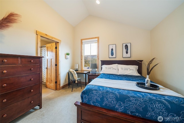 540 Porcupine Ln, Chelan, WA 98816 - bedroom featuring light colored carpet, vaulted ceiling, and baseboards