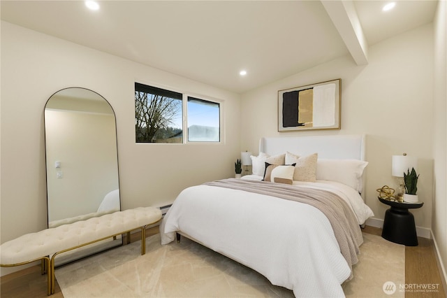bedroom featuring baseboards, lofted ceiling with beams, and recessed lighting