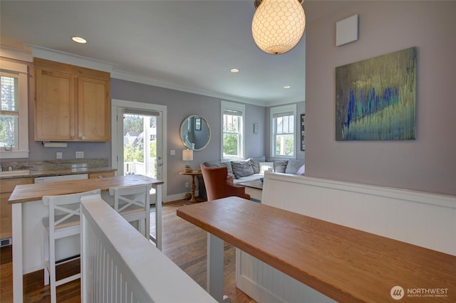 32 Madison Ln, Pacific Beach, WA 98571 - kitchen with crown molding, dark wood-style floors, butcher block counters, recessed lighting, and open floor plan
