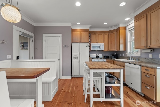 32 Madison Ln, Pacific Beach, WA 98571 - kitchen featuring white appliances, wood counters, ornamental molding, light wood finished floors, and recessed lighting