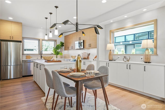 kitchen with appliances with stainless steel finishes, recessed lighting, healthy amount of natural light, light countertops, and light wood-style flooring