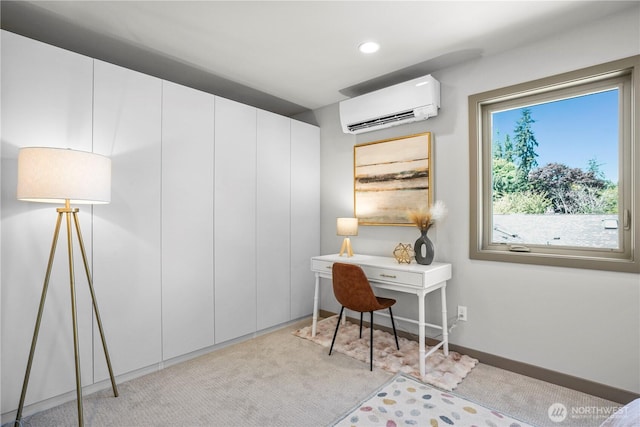 home office featuring an AC wall unit, carpet flooring, and recessed lighting