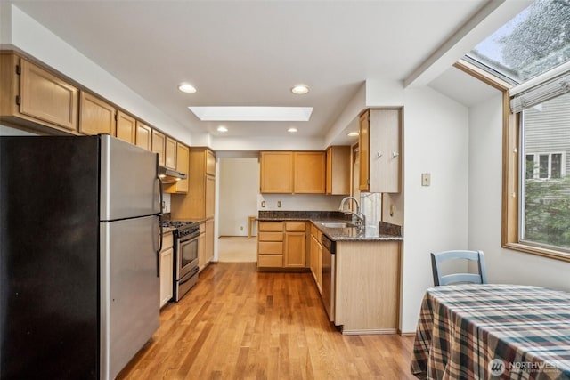 5036 NE 21st St, Renton, WA 98059 - kitchen with under cabinet range hood, light wood-style floors, a skylight, stainless steel appliances, and a sink