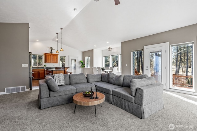11320 S Stangland Rd, Medical Lake, WA 99022 - living room featuring vaulted ceiling, recessed lighting, carpet, baseboards, and visible vents