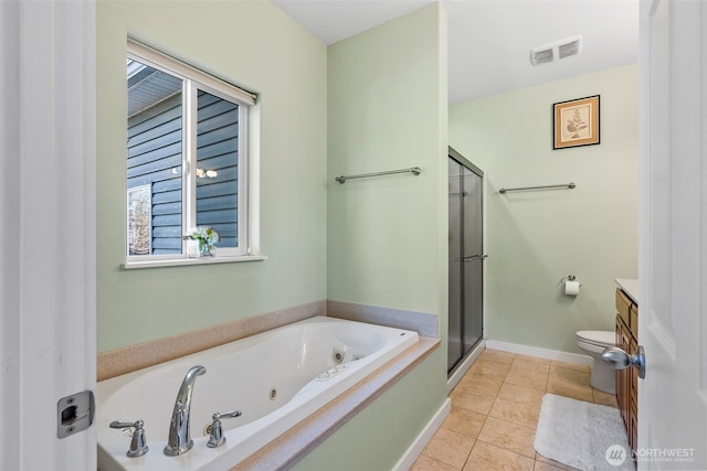 11320 S Stangland Rd, Medical Lake, WA 99022 - full bath featuring vanity, a tub with jets, a shower stall, tile patterned flooring, and visible vents