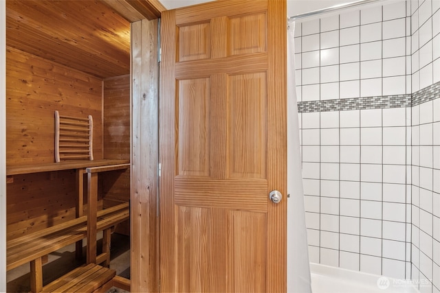 11320 S Stangland Rd, Medical Lake, WA 99022 - interior space featuring wood ceiling, a sauna, wood walls, and walk in shower