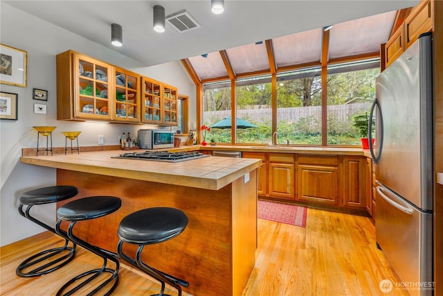 226 Ivan Rd, Friday Harbor, WA 98250 - kitchen featuring stainless steel appliances, a peninsula, light wood finished floors, a kitchen breakfast bar, and plenty of natural light