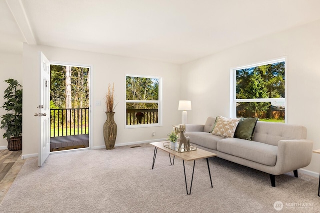 living room featuring baseboards and light colored carpet