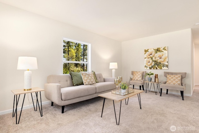 living room featuring baseboards and light colored carpet