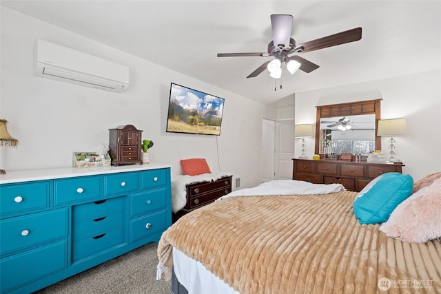 carpeted bedroom with visible vents, a ceiling fan, and a wall unit AC