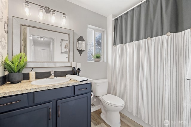 bathroom featuring toilet, a shower with shower curtain, vanity, and wood finished floors