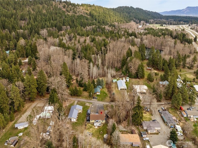 birds eye view of property with a forest view and a mountain view
