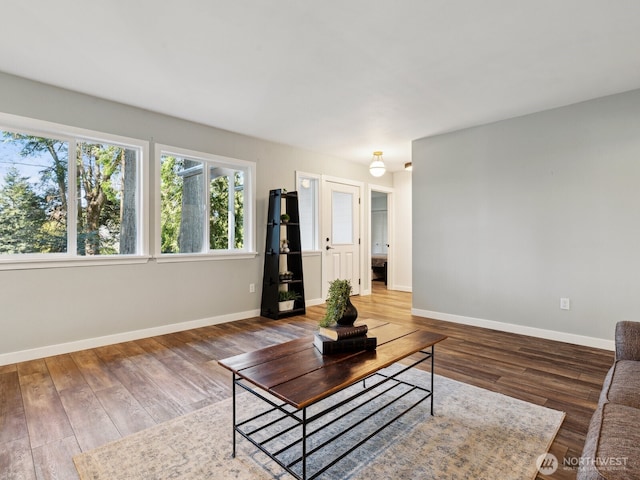 living area featuring baseboards and wood finished floors