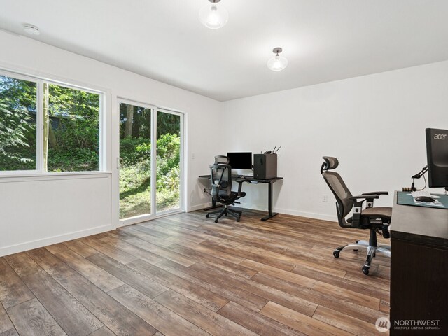 office space featuring baseboards and hardwood / wood-style flooring
