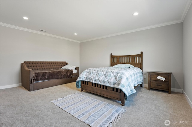 carpeted bedroom featuring recessed lighting, ornamental molding, baseboards, and visible vents