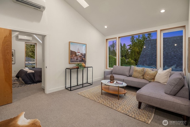 carpeted living area with high vaulted ceiling, a wall mounted air conditioner, baseboards, an AC wall unit, and recessed lighting
