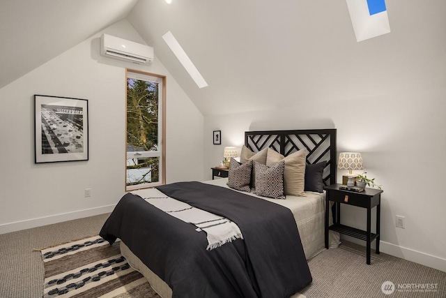 bedroom featuring carpet flooring, lofted ceiling with skylight, an AC wall unit, and baseboards