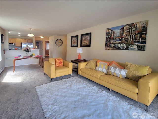living room featuring baseboards and light colored carpet