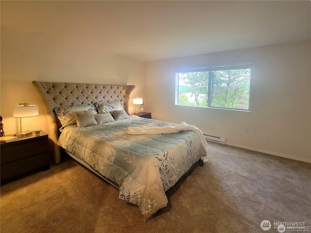 bedroom with baseboard heating, baseboards, and carpet flooring