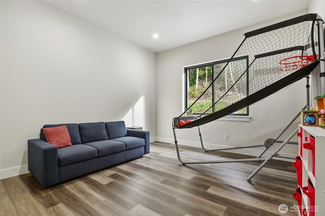 living area featuring baseboards, wood finished floors, and recessed lighting