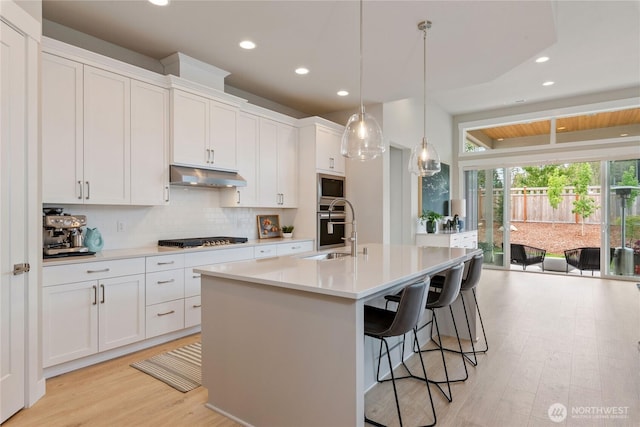 6346 Marymere Rd SW, Port Orchard, WA 98367 - kitchen with under cabinet range hood, light wood-style flooring, recessed lighting, tasteful backsplash, and built in microwave