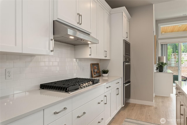 6346 Marymere Rd SW, Port Orchard, WA 98367 - kitchen featuring under cabinet range hood, stainless steel appliances, light wood-type flooring, backsplash, and light countertops
