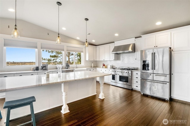 6 Pelican Pl SE, Moses Lake, WA 98837 - kitchen featuring lofted ceiling, dark wood-style flooring, high quality appliances, and wall chimney exhaust hood
