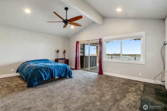 6 Pelican Pl SE, Moses Lake, WA 98837 - bedroom featuring carpet flooring, lofted ceiling with beams, baseboards, and access to exterior