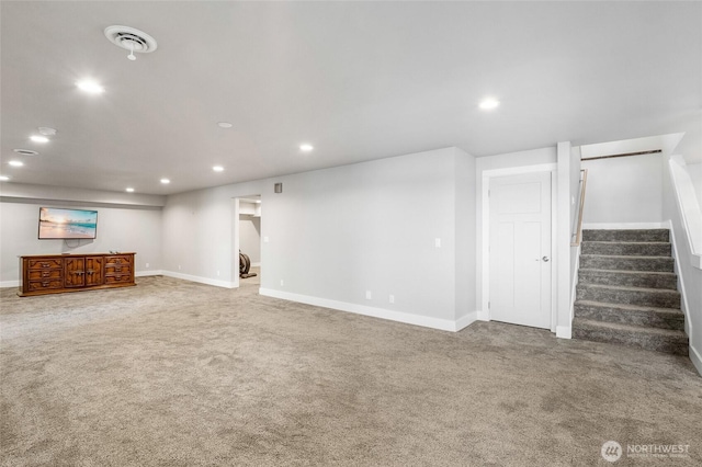 6 Pelican Pl SE, Moses Lake, WA 98837 - finished below grade area with carpet floors, stairway, baseboards, visible vents, and recessed lighting