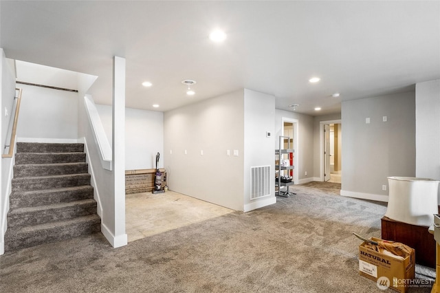 6 Pelican Pl SE, Moses Lake, WA 98837 - below grade area with stairway, recessed lighting, carpet flooring, baseboards, and visible vents