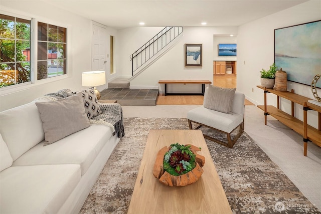 15126 NE 67th Pl, Redmond, WA 98052 - living room with carpet floors, recessed lighting, and stairway