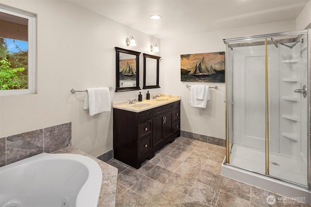 15126 NE 67th Pl, Redmond, WA 98052 - bathroom with a tub with jets, a sink, double vanity, and a shower stall