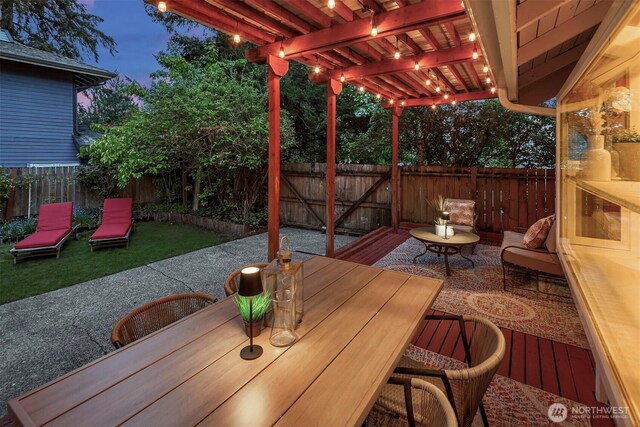 15126 NE 67th Pl, Redmond, WA 98052 - view of patio with a fenced backyard, a pergola, and outdoor dining space