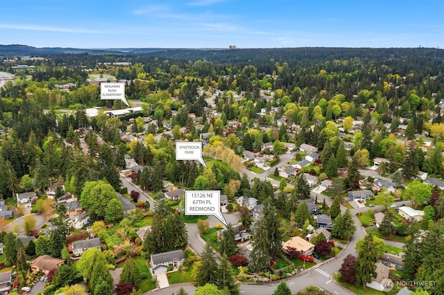 15126 NE 67th Pl, Redmond, WA 98052 - bird's eye view featuring a residential view and a wooded view