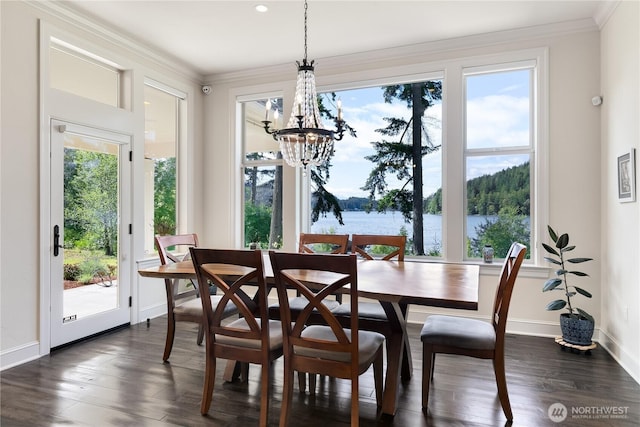1220 Madrona Beach Rd NW, Olympia, WA 98502 - dining space featuring baseboards, an inviting chandelier, a water view, dark wood finished floors, and crown molding