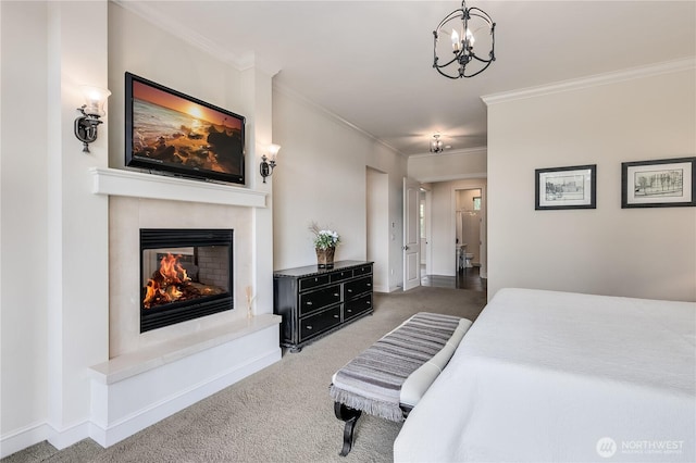 1220 Madrona Beach Rd NW, Olympia, WA 98502 - bedroom with a multi sided fireplace, carpet, ornamental molding, a chandelier, and baseboards