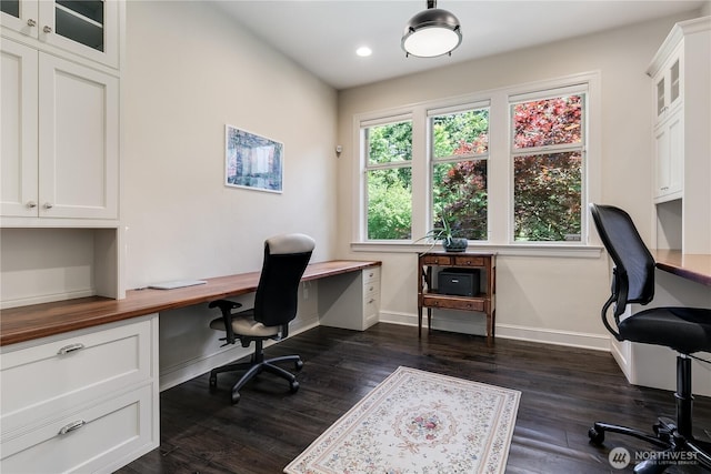1220 Madrona Beach Rd NW, Olympia, WA 98502 - office space featuring dark wood-style flooring, baseboards, recessed lighting, and built in desk