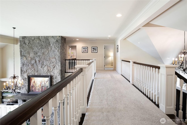 1220 Madrona Beach Rd NW, Olympia, WA 98502 - hallway with an inviting chandelier, ornamental molding, an upstairs landing, recessed lighting, and light carpet