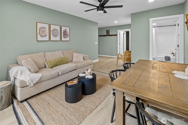 417 W 2nd St, Cle Elum, WA 98922 - living room featuring baseboards, light wood-style floors, ceiling fan, and recessed lighting