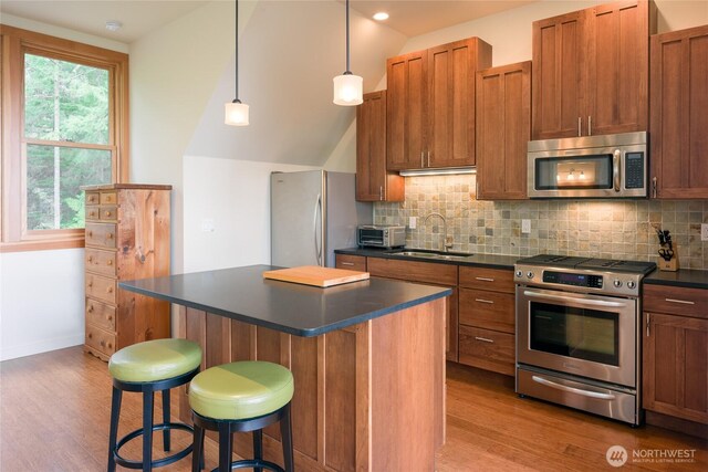 186 S Ridge Rd, Decatur Island, WA 98221 - kitchen with a sink, dark countertops, light wood finished floors, stainless steel appliances, and decorative backsplash