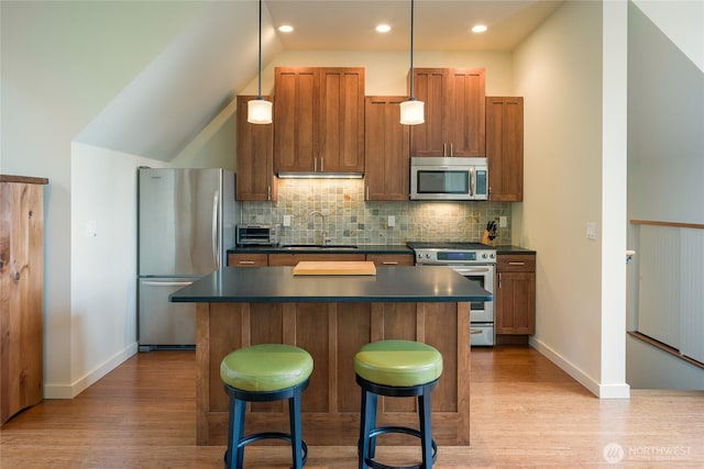 186 S Ridge Rd, Decatur Island, WA 98221 - kitchen featuring stainless steel appliances, light wood-type flooring, a sink, and dark countertops