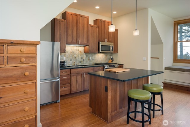 186 S Ridge Rd, Decatur Island, WA 98221 - kitchen with a sink, appliances with stainless steel finishes, wood finished floors, and dark countertops