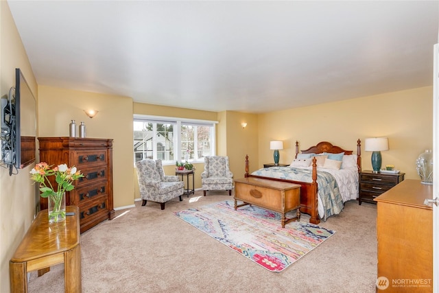 bedroom with light carpet