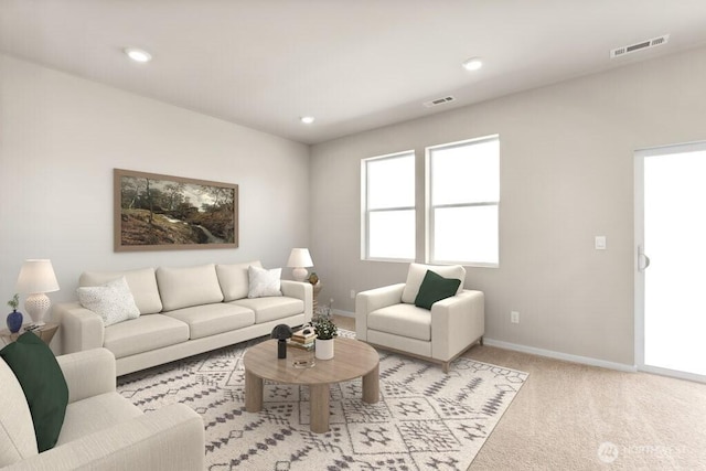 living room featuring baseboards, visible vents, light colored carpet, and recessed lighting