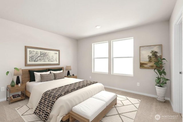 bedroom with light carpet and baseboards