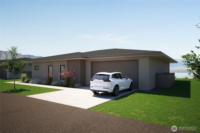 view of front of home featuring a garage, concrete driveway, stucco siding, and a front lawn