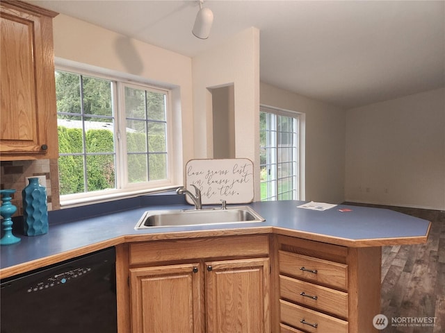 kitchen featuring a sink, dishwasher, a peninsula, and decorative backsplash